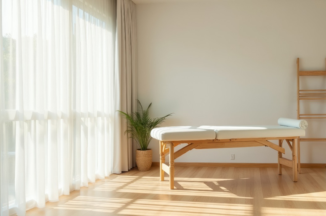 Heller, moderner Physiotherapieraum mit Massageliege, Therapieball und Leiter. Durch das Fenster fällt natürliches Licht herein. Ein gepflegter Raum für Heilung, Kräftigung und Regeneration des Körpers.