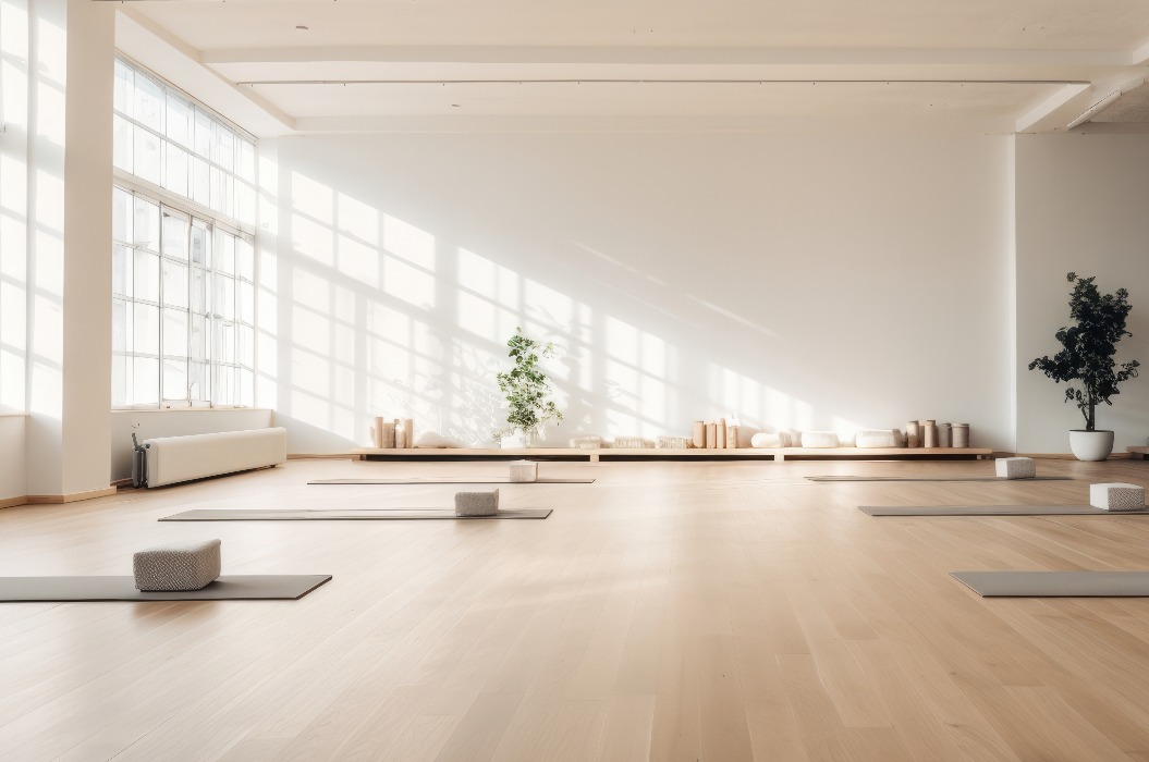Yoga-Raum, Pilates, Bodenbelag, Matte, leer, Innenraum, Fitnessstudio, Fenster, niemand, modern