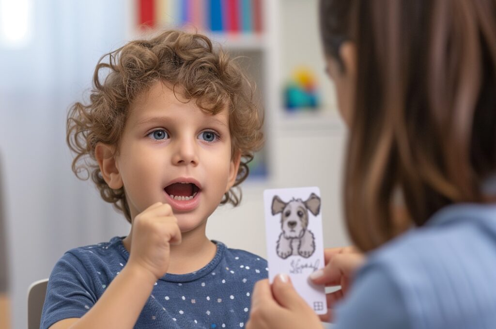 Kind und Logopädin beim Sprachtraining