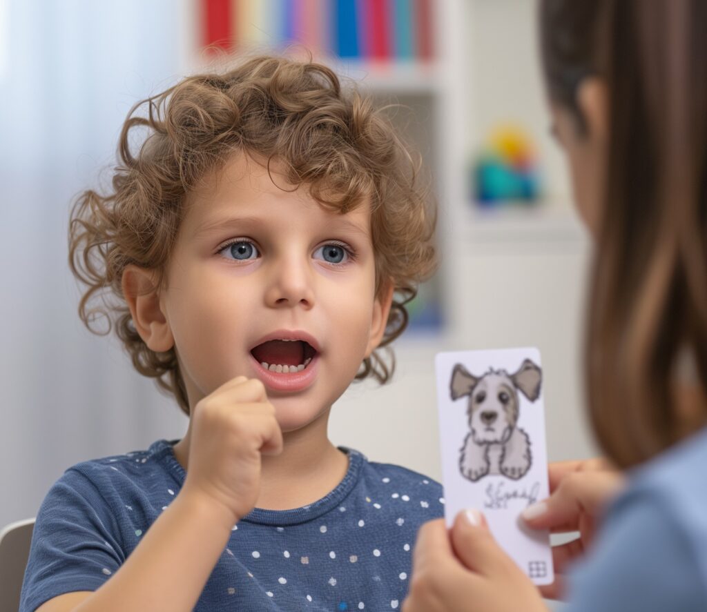 Kind und Logopädin beim Sprachtraining