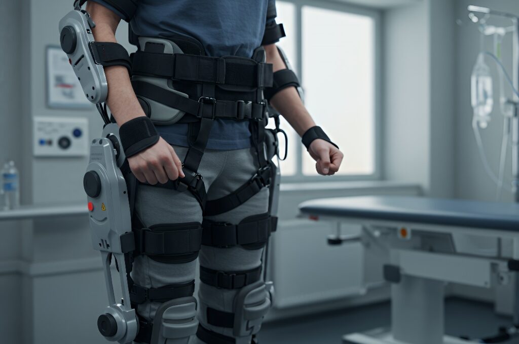 Person in einem grauen und silbernen Roboter-Exoskelett in einer medizinischen Einrichtung